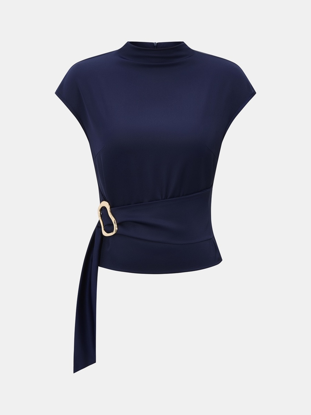 Commense Metal Buckle Cap Sleeve Satin Top